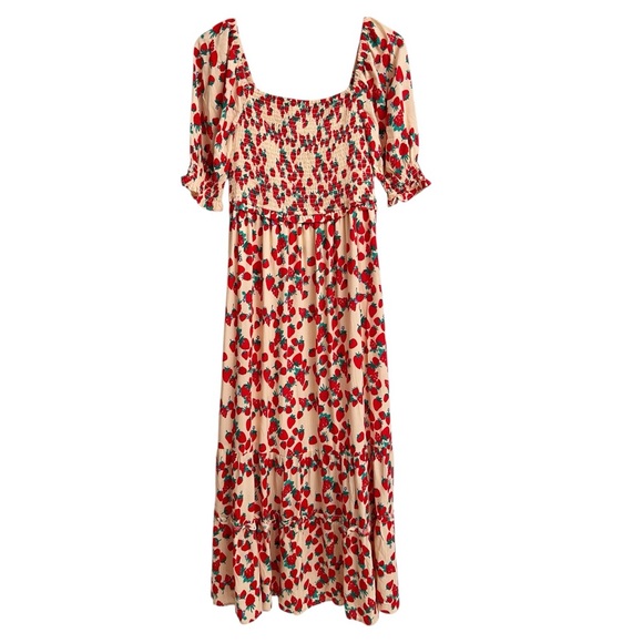 Betsey Johnson Strawberry Print Smocked Maxi Tiered Red Pink Dress Size Medium - Picture 2 of 7